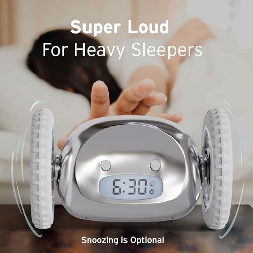 CLOCKY Alarm Clock on Wheels (Authentic) | Extra Loud for Heavy Sleeper (Adult or Kid Bed-Room Robot Clockie) Funny, Rolling, Run-away, Moving, Jumping (Chrome)