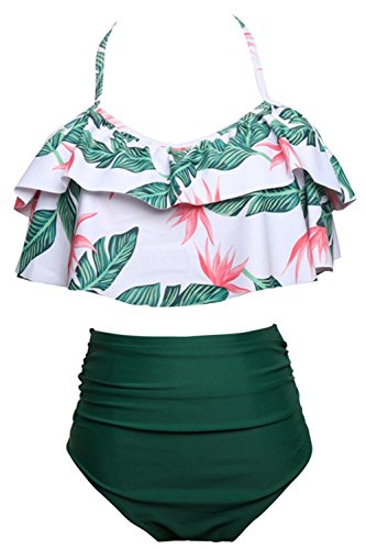Sixyotie Femmes Bikini Ensembles Hauts Maillots De Bain Halter Flounce Ruffled 2 Pieces Maillots De Bain pour Femmes (Verte2, XL,EU 46-48) Cover