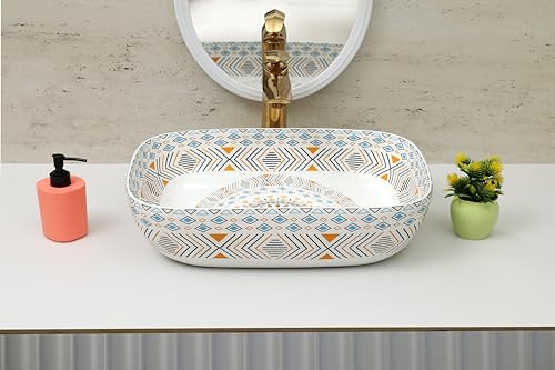 Image of Moroccan Design Ceramic Tabletop Wash Basin | Countertop Vessel Sink | Wash Basin over counter For Bathroom Hotel Home (18x13x5.5 Inch) (TORO 4014) (Moroccan Design 106)