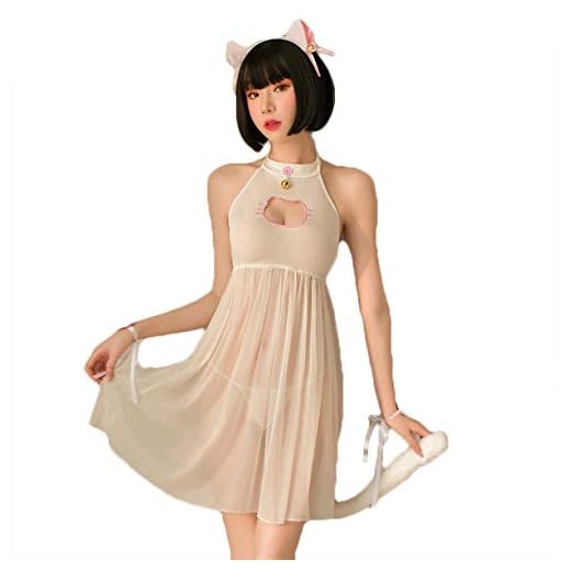 JasmyGirls Sexy Cat Cosplay Lencería Vestido de Halloween Kawaii Anime Gatito Ojo de la cerradura Traje Lindo Traje de criada Japonés Lolita Ropa interior, blanco, talla única