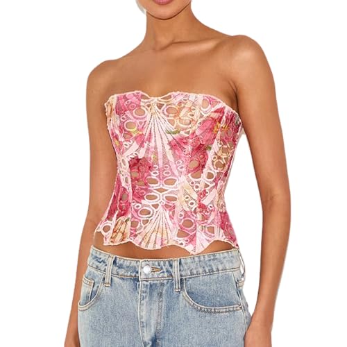 Damen-Korsett, Vintage, Blumendruck, Bustier, Shapewear, Dessous, elegant, ärmellos, Brokat-Korsett, rose, S