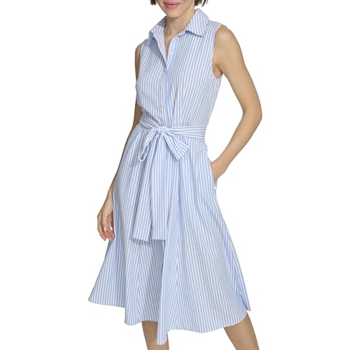 Image of Tommy Hilfiger Women's Sleeveless Collared Button Front Tie Waist Midi Shirt Dress