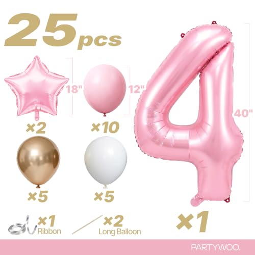 Image of PartyWoo Baby Pink Number 4 Balloon 40 Inch 25pcs Pink Foil Star White Gold