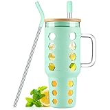 MUKOKO Glass Tumbler with Lid and Straw, 40oz Iced Coffee Cup with Handle, Glass Coffee Tumbler Fits