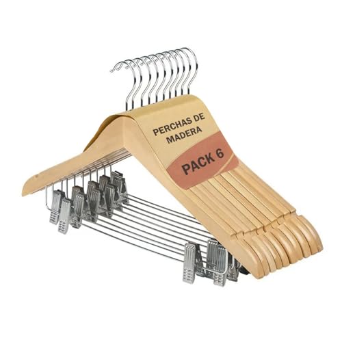 ACCRUX- Perchas de Madera con Pinzas de Metal, Madera Natural con Muescas Antideslizantes para Camisas, Trajes, Pantalones. Diseño Elegante y Ergonómico con Gancho de Acero Giratorio. (6 Unidades)