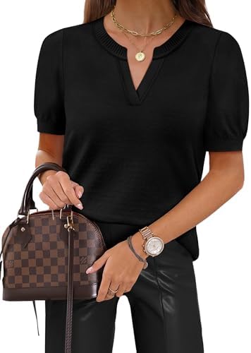 Women's Business Casual Summer Top – Short Sleeve Dressy Black Sweater, L, Cute & Casual