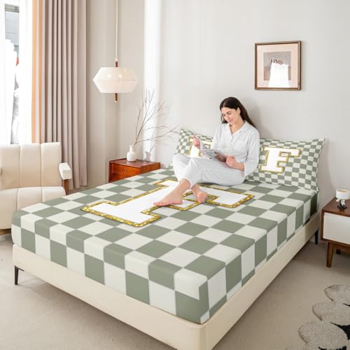Image of Erosebridal Sage Green Checkered Bedding Set Full Plaid Initial F Bed Sheets Personalized Monogram Sheet Set Kids Boys Girls,Fashion Grids Gingham Fitted Top Sheets 4 Piece