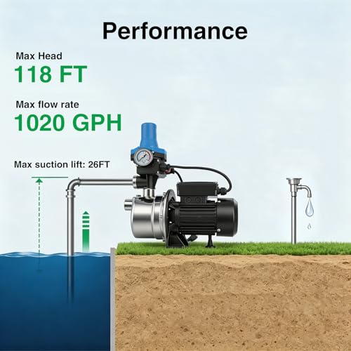 Weeflos 3/4 HP 1020 GPH Shallow Well Water Jet Pump Stainless Steel Automatic Water Booster Pump 118FT 115V for Home, Garden, Lawn Transfer Draining Irrigation by weeflos - Used condition - Image 6