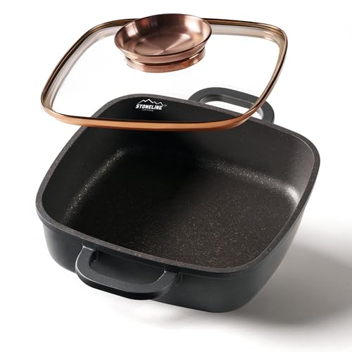 STONELINE Poêle à Servir carrée 20x20 cm, avec Couvercle Aromatique, Compatible à l'induction et au Four, Revêtement Antiadhésif avec de vraies particules de pierre, Or