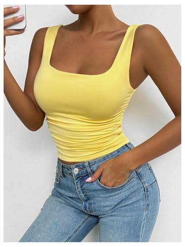 SOLY HUX Women's Summer Sleeveless Square Neck Tank Top Ruched Slim Fit Basic Vest Tops4