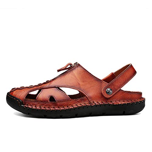 Image of JAMONWU Men's Casual Closed Toe Adjustable Leather Sandals Handmade Fisherman Beach Sandals