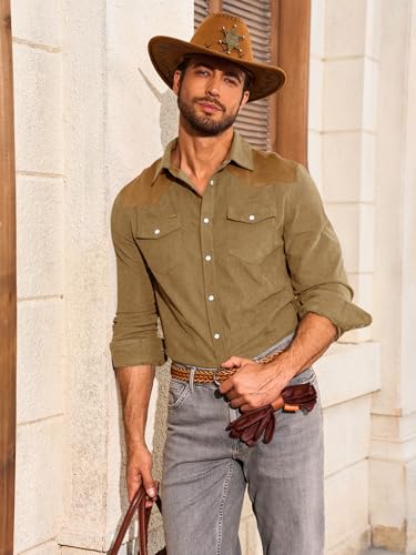 Image of Yousify Mens Western Cowboy Shirt Retro Corduroy Shirts with Pockets | Long Sleeve, Button Down, Vintage Snap Shirt, Country Shacket Jackets