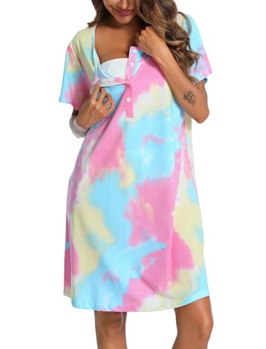 Image of ENJOYNIGHT Womens Short Sleeve Nightgown Tie Dye Nightshirt Nursing Sleepshirts Breastfeeding Sleep Dress