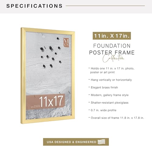 Image of MCS Foundation 11x17 Poster Frame Traditional Brass, Vertical & Horizontal Wall Hanging Large Picture Frame for Photos, Posters & Art Prints (1-Pack)