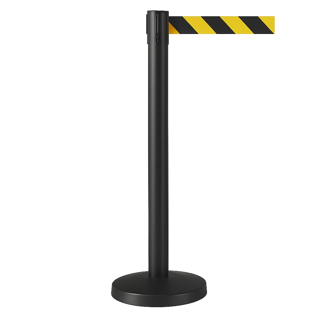 Retractable 3m Belt Barriers Single Pack - Heavy-Duty Steel Stanchion, Concrete Base for Queue & Crowd Control - Freestanding Durable Retractable Safety Barrier (Black/Yellow Tape, Black Frame)