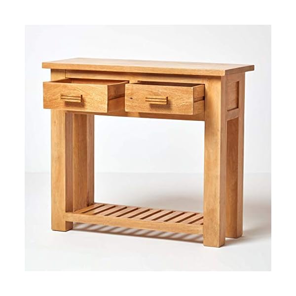 HOMESCAPES - Mangat - Small Console Table - 100% Mango Wood Furniture With 2 Drawers and a Storage Shelf - Image 4