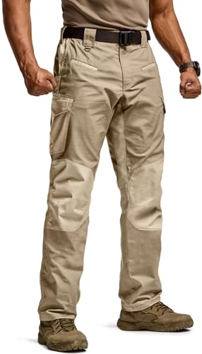 CQR Mens Flex Ripstop Tactical Pants Water Resistant Stretch Cargo Pants Lightweight EDC Hiking Work Pants Marauder Alamo Khaki 40W x 34L