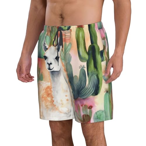 Men's Swim Trunks Quick Dry Bathing Suits White Alpaca Watercolor Cactus Beach Board Shorts Swimwear with Pockets2