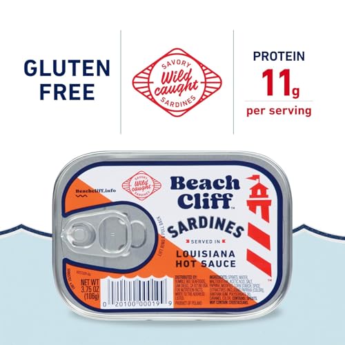 Beach Cliff Wild Caught Sardines in Louisiana Hot Sauce, 3.75 oz Can (Pack of 12) - 11gProtein per Serving - Gluten Free, Keto Friendly - Great for Pasta & Seafood Recipes