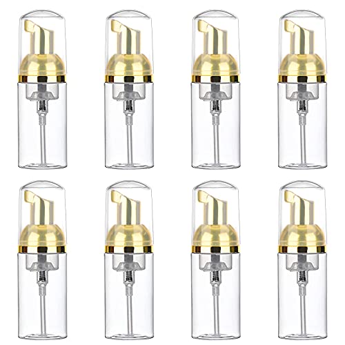 8 Pcs 1oz 30ml Plastic Foamer Pump Bottle Foam Dispenser Bottles Mini Liquid Foaming Bottles for Refillable Travel Hand Soap Foaming,Shampoo,Castile,Cleaning (Gold+Clear)