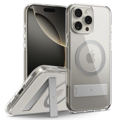 Image of CASEOLOGY by Spigen Capella Mag Kickstand for iPhone 16 Pro Case [Built-in Kickstand] Magnetic Military Grade Drop Protection Back Cover Case for iPhone 16 Pro (TPU and PC | Clear Gray)