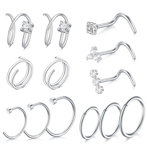 AVYRING Neuspiercing, 13 stuks, 20 g CZ neuspiercing en dubbele ringen in roestvrij staal, dun in zilver, goud en zwart, Roestvrij staal