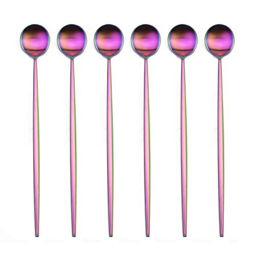 BRIIEC Rainbow 18/10 Stainles Steel Long Handle Ice Cream Spoon, Latte Spoon, Cocktail Stirring Spoons, Matte Finish, Dishwasher Safe, Pack of 6