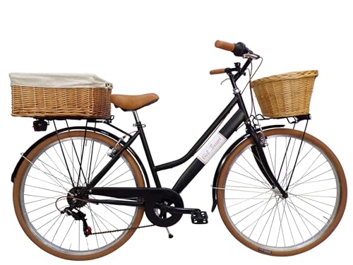 Cicli Tessari - Bicicleta de paseo para mujer de 28 pulgadas con cambio vintage retro con cesta de mimbre delantera y trasera (negra)