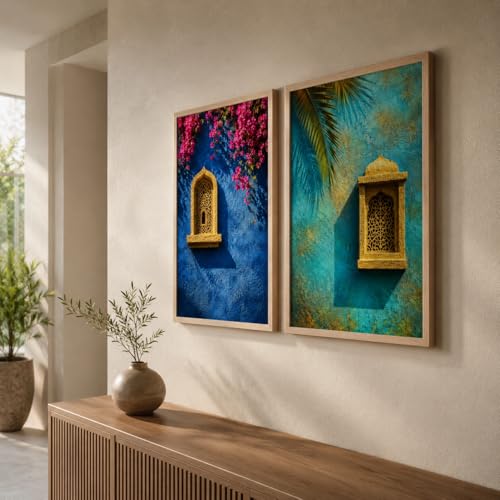 Image of Livin'luxe Set of 2 Blue Moroccan Window Wall Paintings for Living Room Bedroom Hallway Decor with Premium Wooden Color Synthetic Frame (25.5 x 19.5 Inch) NM02-103