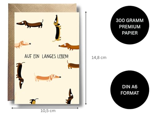 Dackel Geburtstagskarte mit Kraftpapierumschlag – Lustige Klappkarte mit Spruch „Auf ein langes Leben“ – für Männer, Frauen, Freunde & Hundeliebhaber – DIN A6