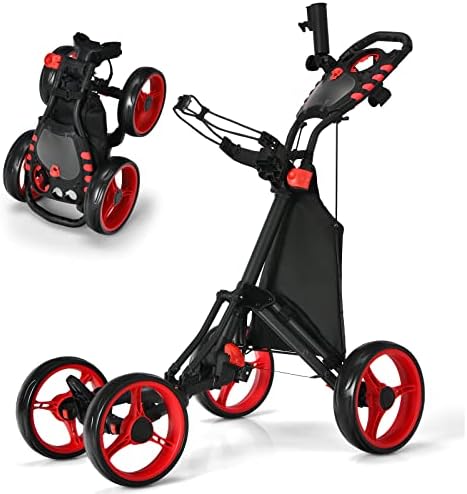 Golf Trolley 4 Wheel Lightweight Folding Push Pull Cart with Adjustable Height, Umbrella Stand, Cup Holder & Foot Brake