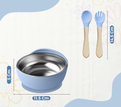 Image of NYALA Stainless Steel Toddler Plates Silicone Suction, Non-Slip Baby Plates BPA Free,Unbreakable Dishwasher Safe (Blue, Bowl)