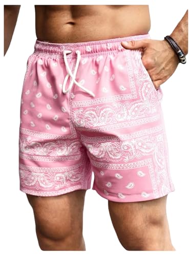 Floerns Mens Boho Paisley Graphic Print Drawstring Waist Essentials Summer Bandana Shorts with Pocket Soft Pink Large