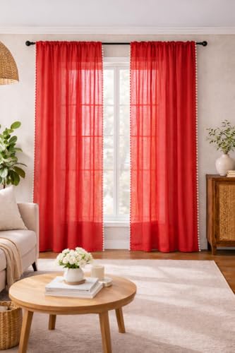 Image of THE LINEN COMPANY Window Curtains Sheer Cotton Curtains with Pom Pom Lace Rod Pocket Transparent Net Curtains for Window Curtains Door Curtains Chilli Red 7.5 Ft Pack of 2