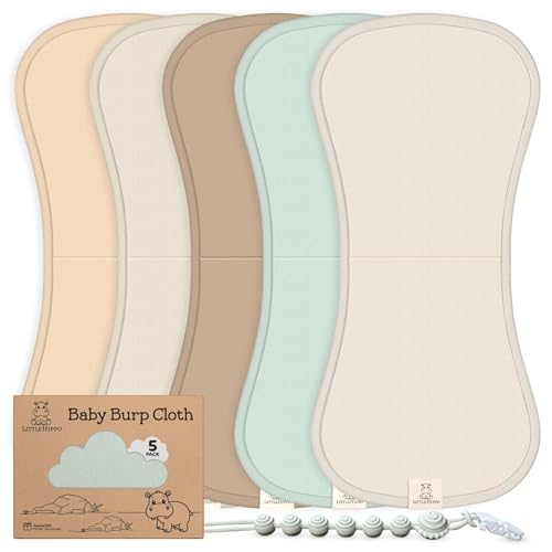Image of LittleHippo Baby Burp Cloths (5-Pack w/Pacifier Clip, Gift Box) – Organic Cotton Outer Layers + Soft Fleece Inner, Extra Absorbent, Large 21"x10", Baby Essentials for Boys & Girls