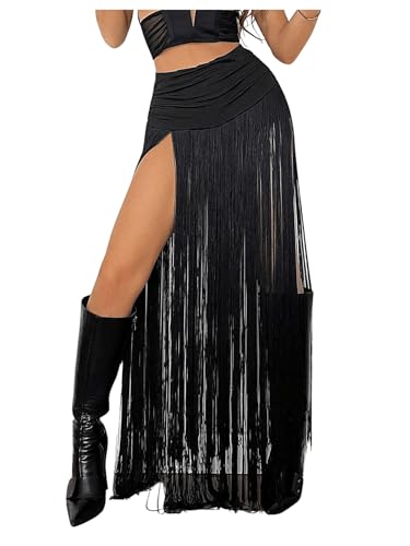 Floerns Women's Y2k Long Pants Low Waist Fringe Trim Trousers Western Concert Outfit