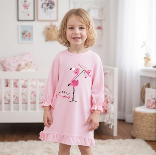 Tkria Girls Nightgowns Toddler Nightdress Soft Cotton Sleepwear 2-10 Years Kids Long Sleeve Nightie Pajamas Ruffle Pink Dress3