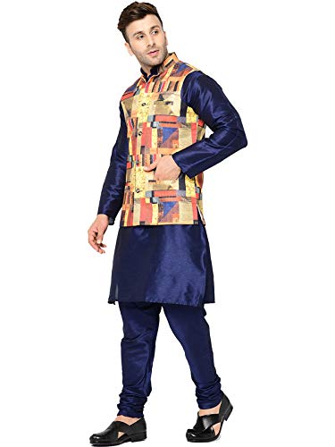 Image of SAIFOO Men's Silk Navy Blue Kurta Pyjama & Printed Nehru Jacket