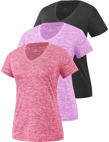 Star Vibe 3 Stücke Sport Shirts Für Damen Fitness Yoga Tshirt Damen Atmungsaktive Women's Activewear Yoga Kurzarm Black/Purple/Rose M