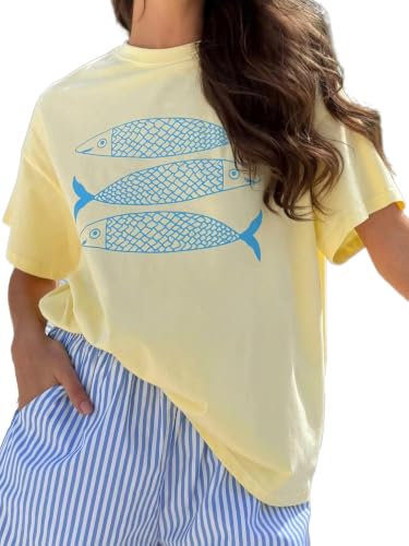 Image of Vintage Oversized Flower Graphic Tees Cute Surfboard Palm Baggy T-Shirts Summer Preppy Beach Tops Teen Girls Clothes