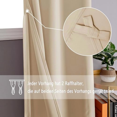 DWCN Vorhänge Blickdicht Verdunkelungsgardinen mit Ösen 2 Stücke Thermogardine für Wohnzimmer, Schlafzimmer, Gardinen Kurz, Biscotti Beige, 137x117cm(HxB)