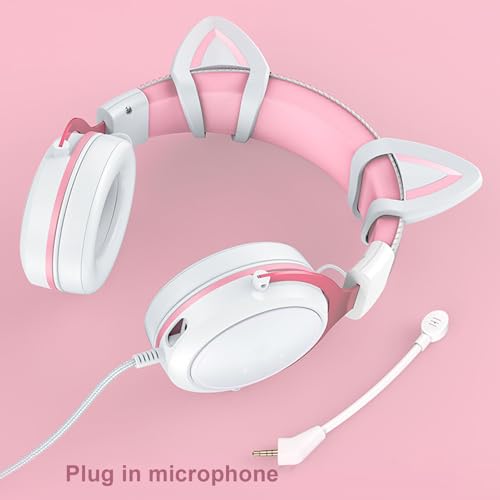Image of Denash Cat Ear Headphones, Wired RGB Gaming Headset with Mic, Luminous Noise Reduction Over Ear Cute Headphones for Gamers (White Pink with Cat Ears Decor)