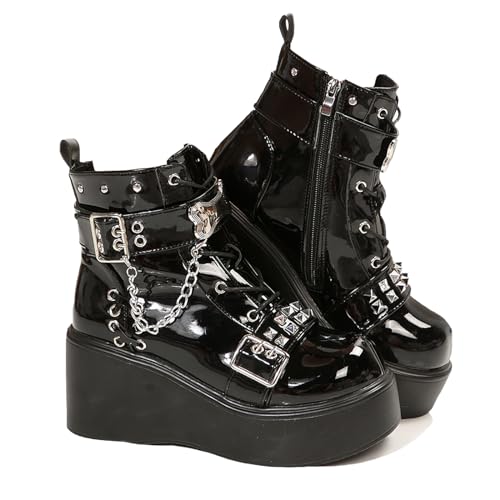 ZKXYFFS Platform Ankle Boots for Womens Chunky High Heel Buckle Round Toe Combat Boots Zip & Lace Up Punk Short Booties Studded Motorcycle Wedges Boots