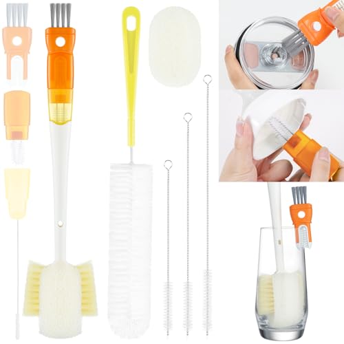 Image of OUTXE 6 Pack Bottle Brush Set, 5-in-1 Water Bottle Cleaner Brush, 14 inch Long Handle Bottle Cleaning Brush, 3 Straw Brush, Removable Nipple Detail Brush for Cup Lid Gap, with Replecement Sponge