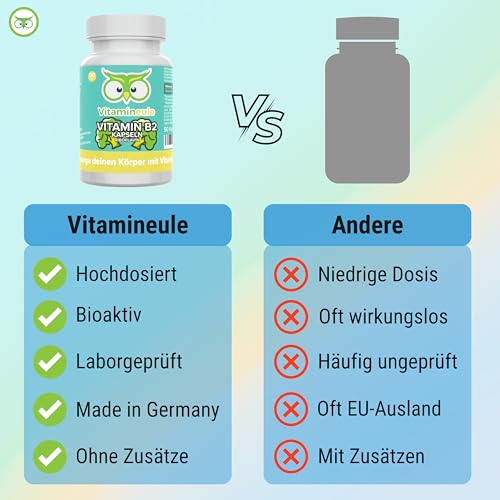Vitamin B2 Kapseln - hochdosiert 200 mg Riboflavin - bioaktiv & vegan - Produktion in Deutschland - ohne Zusatzstoffe & laborgeprüft - für Erwachsene & Kinder - Kapseln statt Tropfen - Vitamineule