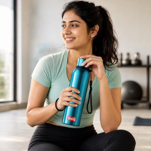 Image of GRECY Hydra Sip Steel Water Bottle 1000ml | Leak Proof | BPA Free | Food Grade Stainless Steel | Rust Proof | Single Wall | Odour Free | Lightweight | School Office Travel | Metallic Blue