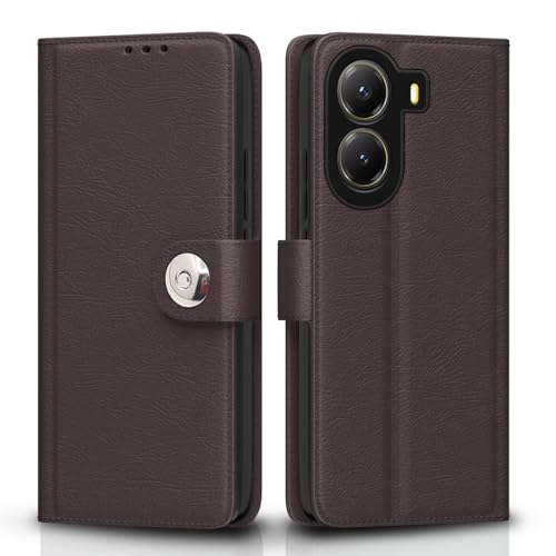 Image of Pikkme Flip Cover Leather Finish | Inside TPU with Card Pockets | Wallet Stand and Shock Proof | Complete Protection Button Flip Case for Poco X7 Pro 5G(Coffee)