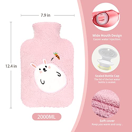 Image of Samply Transparent Hot Water Bottle- 2 Liter Water Bag with Cute Fleece Cover, Rabbit Pink
