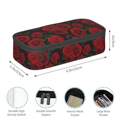 Image of Red And Black Rose Pencil Case Big Capacity Storage Pencil Pouch Stationery Bags With Zipper Portable Pen Holder Box Organizer For Boys Student College School Office Supplies