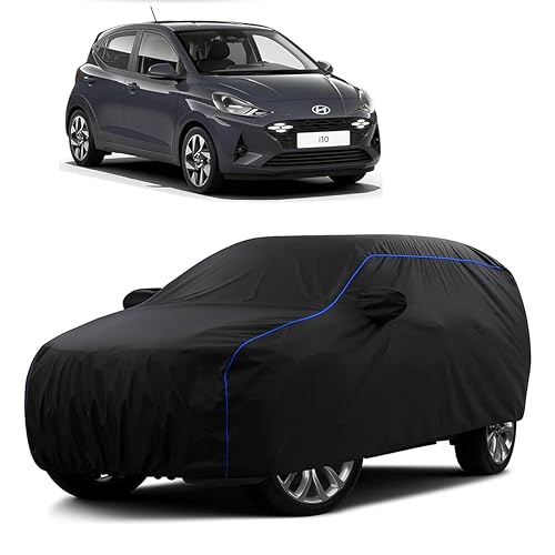 Image of Sulfar 100% Water Resistant Car Body Cover Compatible with Mirror for Hyundai i10 (Triple Stitched, Full Bottom Elastic, Black Tafetta with Blue Piping)